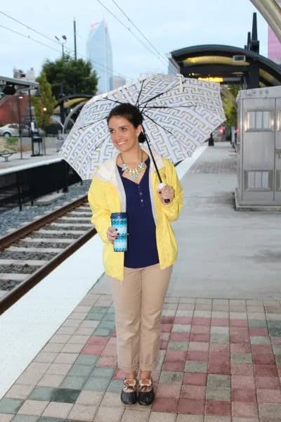 Lemon Yellow Jacket with Black V Neck Top & Light Brown Chinos