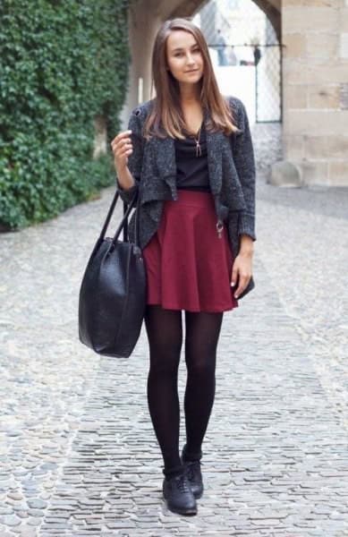 Grey Short Wool Jacket with Burgundy High Waisted Skater Skirt