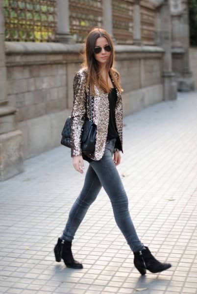 Rose Gold Sequin Blazer Jacket with Grey Skinny Jeans