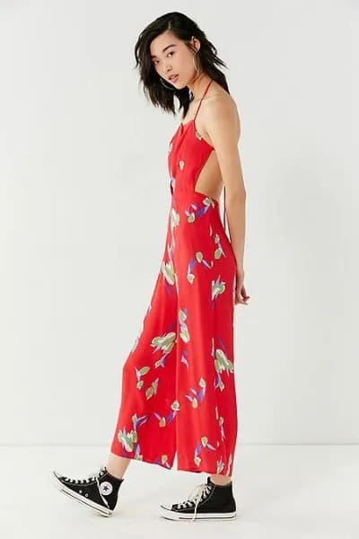 Red Backless Floral Maxi Dress with High Top Converse