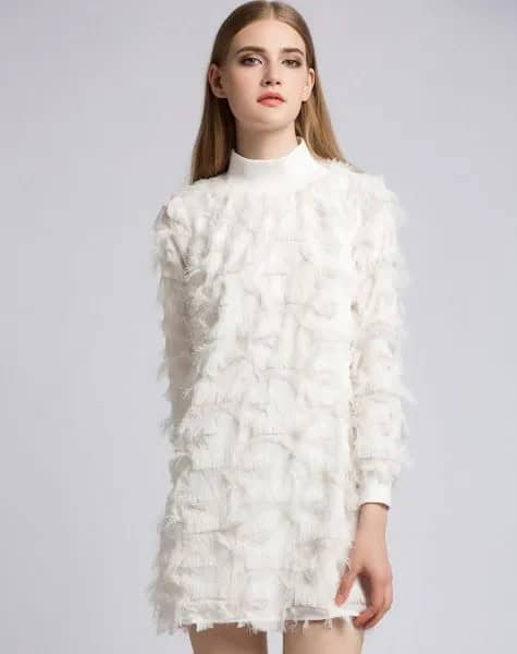 White Mock Neck Faux Feather Mini Shift Dress