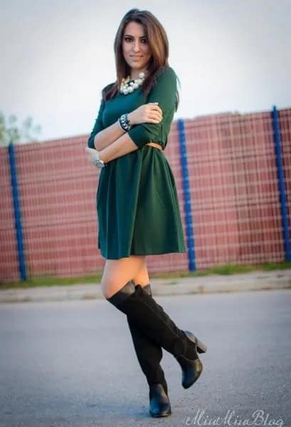 Dark Green Dress with Black Knee High Heeled Boots