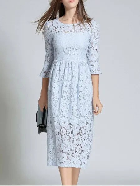 Three-Quarter Midi Light Blue Lace Dress