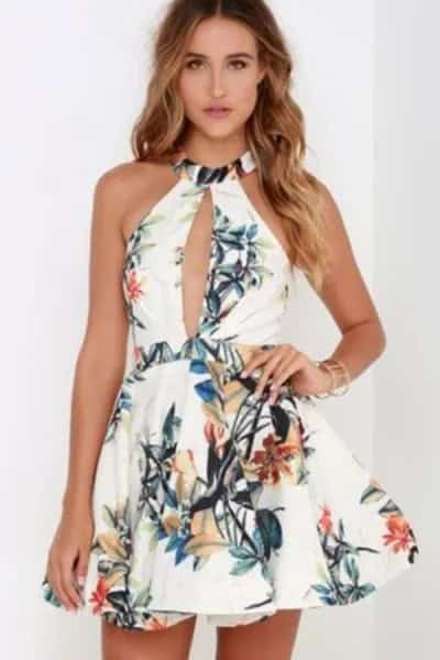 White Halter Keyhole Skater Dress