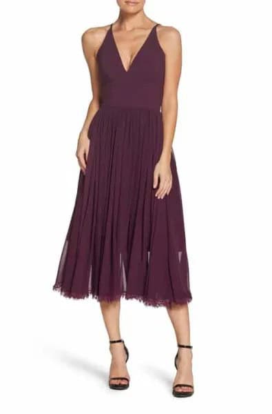 Pleated Deep V Neck Sleeveless Midi Dress with Black Open Toe Heels