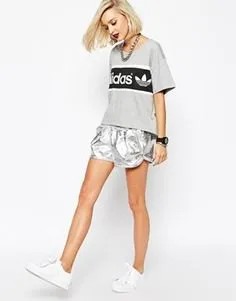 Grey Print Tee with Metallic Running Shorts