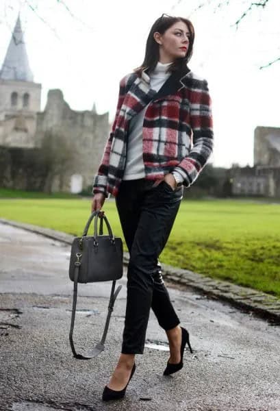 Grey and White Plaid Wool Blazer with Turtleneck Sweater