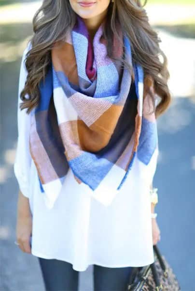 Blue, Orange and White Shawl with White Tunic Blouse & Leggings