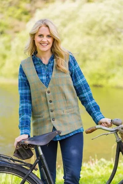 Blue Plaid Boyfriend Shirt with Green Tweed Vest