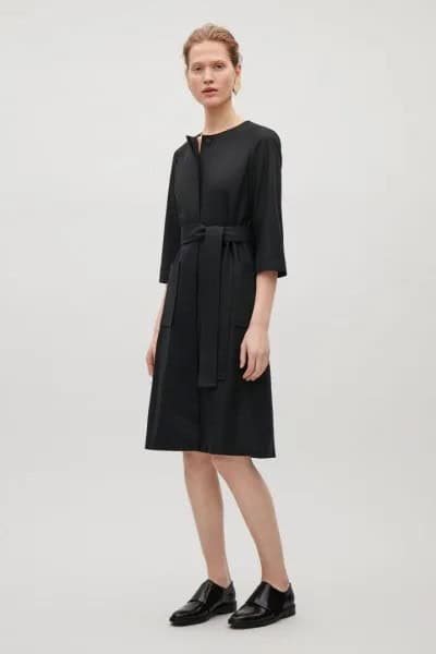 Black Belted Wool Sheath Dress