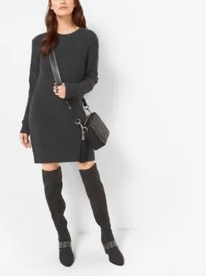 Black Cashmere Sweater Mini Dress with Thigh High Boots