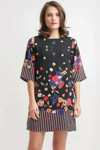 Black Floral Wide Sleeve Shift Dress