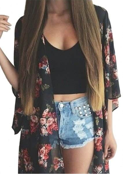 Black Floral Chiffon Cardigan with Crop Top & Denim Mini Shorts