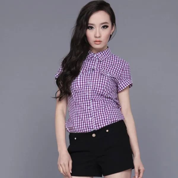 Black and White Plaid Short Sleeve Shirt with Denim Shorts