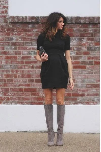 Suede Knee High Boots with Black Gathered Waist Mini Dress