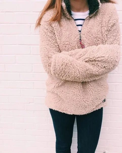 Pale Pink Pullover with Black and White Striped Tee