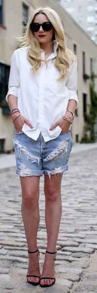 White Button Up Shirt with Blue Ripped and Cuffed Denim Boyfriend Shorts