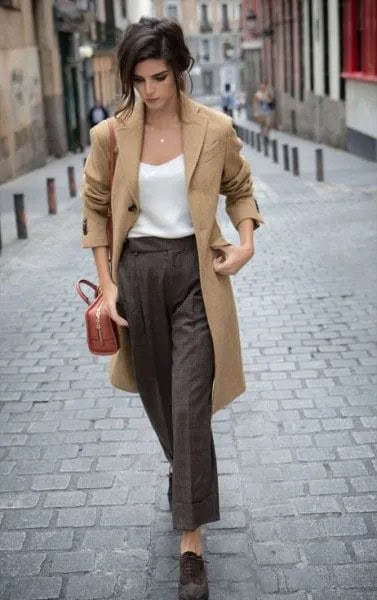 Camel Longline Wool Coat with White Vest Top & Grey Wide Leg Pants