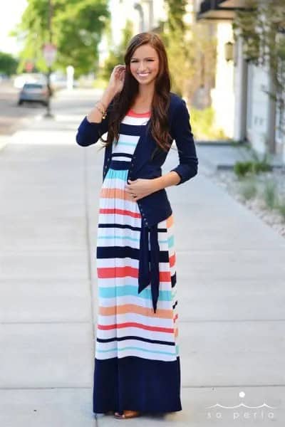 Navy Sweater Cardigan with Blue and White Color Block Maternity Maxi Dress