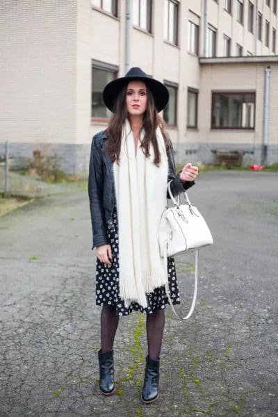 Black Leather Hat with Biker Jacket & Long White Scarf