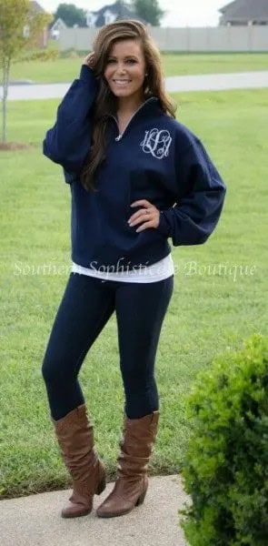 Blue Half Zip Hoodie with Black Leggings & Boots