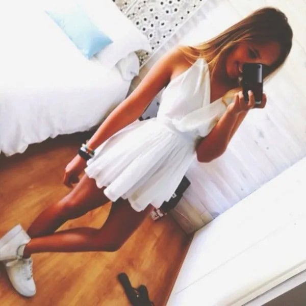 White V Neck Mini Pleated and Flared Dress