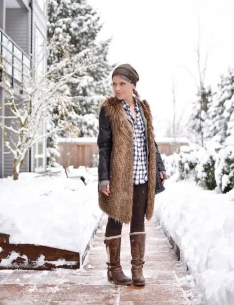 Brown Faux Fur Longline Vest with Black Fleece Leggings & Plaid Shirt