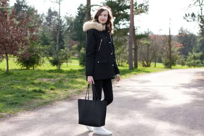 Black Faux Fur Hooded Long Coat with Matching Jeans & Sneakers