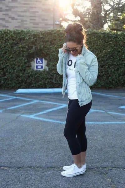 Blue Denim Jacket with White Tee & Black Cropped Skinny Running Pants