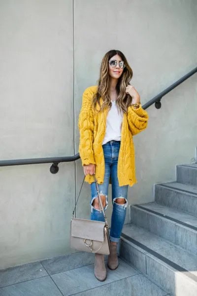 Cable Knit Lemon Yellow Sweater Cardigan with Blue Destroyed Jeans