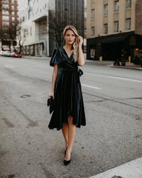 Black Midi Ruffle Wrap Dress