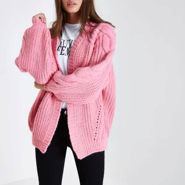 Pink Oversized Cable Knit Cardigan with White Tee & Black Jeans