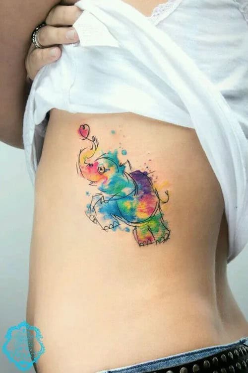 Watercolor Colorful Elephant Tattoo on Rib Cage