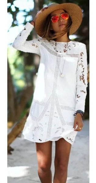 White Embroidered Long Sleeve Mini Dress with Straw Hat