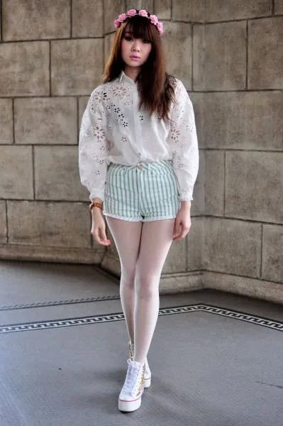 White Fishnet Tights with Embroidered Shirt with Striped Shorts