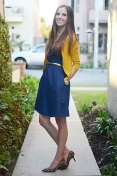 Mustard Cropped Cardigan with Belted Blue Knee Length Denim Dress