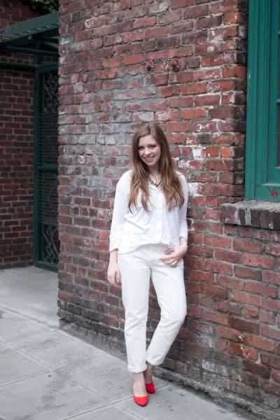 White Button Up Shirt with Matching Boyfriend Jeans & Orange Heels