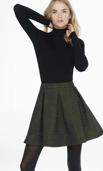 Black Mock Neck Fitted Sweater with Dark Red Plaid Mini Skirt