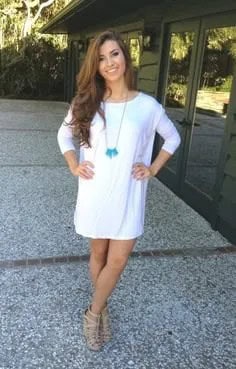 White Three Quarter Sleeve Tunic Dress with Nude Strappy Sandals