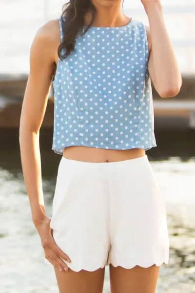 Sky Blue and White Polka Dot Crop Top with White Shorts