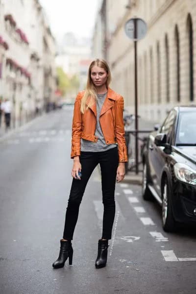 Brown Leather Jacket with Grey T Shirt & Black Skinny Jeans