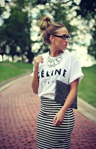 White Print Tee with High Waisted Bodycon Skirt