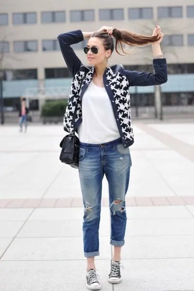 Black and White Printed Leather Cardigan with Really Ripped Jeans