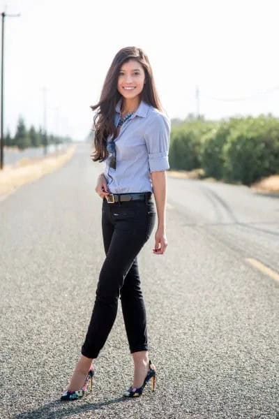 Light Blue Slim Fit Button Up Shirt with Cropped Skinny Belted Jeans