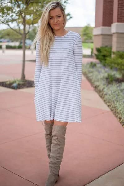 Grey and White Striped Long Sleeve Swing Dress