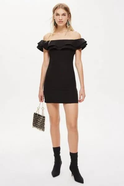 Black Ruffle Shoulder Mini Dress with Heeled Ankle Boots