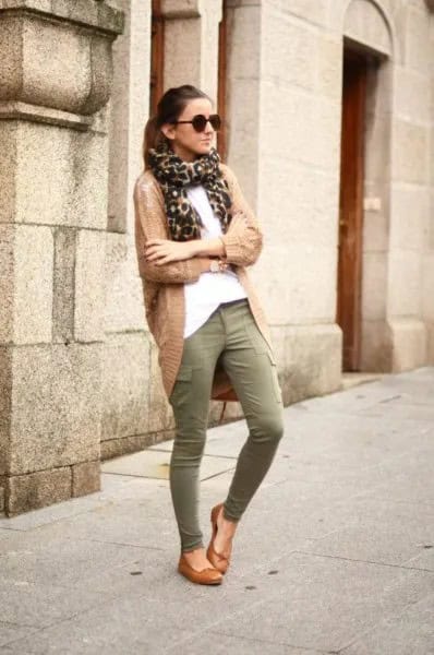 Brown Knit Cardigan with Leopard Print Scarf & Green Khaki Skinny Dress Pants