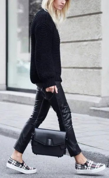 Black Sweater with Leather Leggings & Grey Plaid Shoes