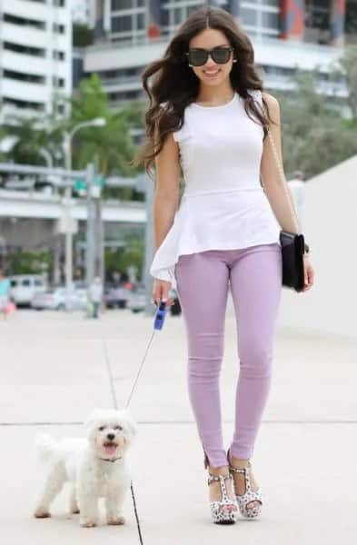 White High Low Peplum Top with Teal Skinny Pants