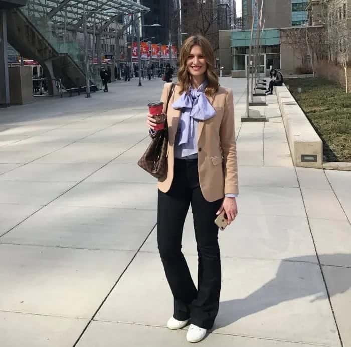 Blue Shirt with Camel Blazer & Black Wide Leg Dress Pants